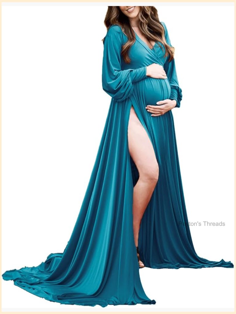 Maternity Photoshoot Maxi Dress Long Sleeve Sweetheart Flowy Slit Gown